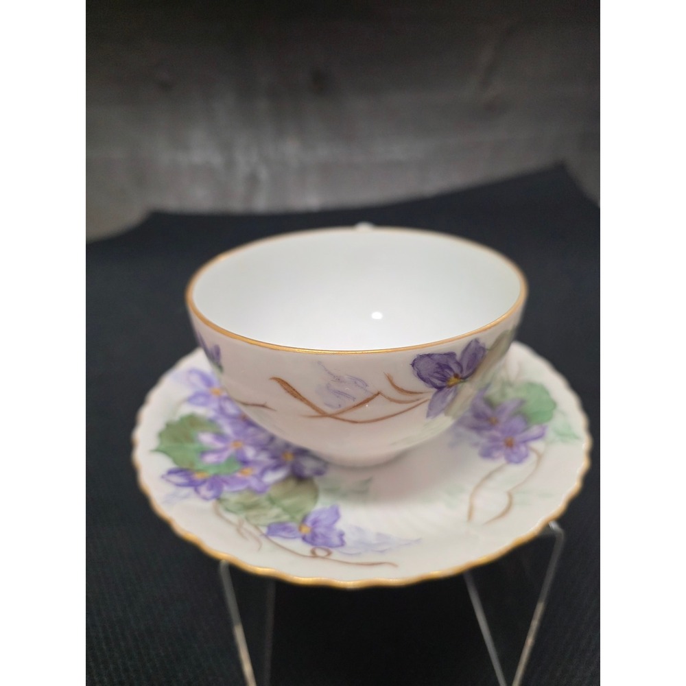 Vintage Hand Painted Purple Violet Floral Porcelain Tea Cup and Saucer Set Gold - Picture 7 of 9